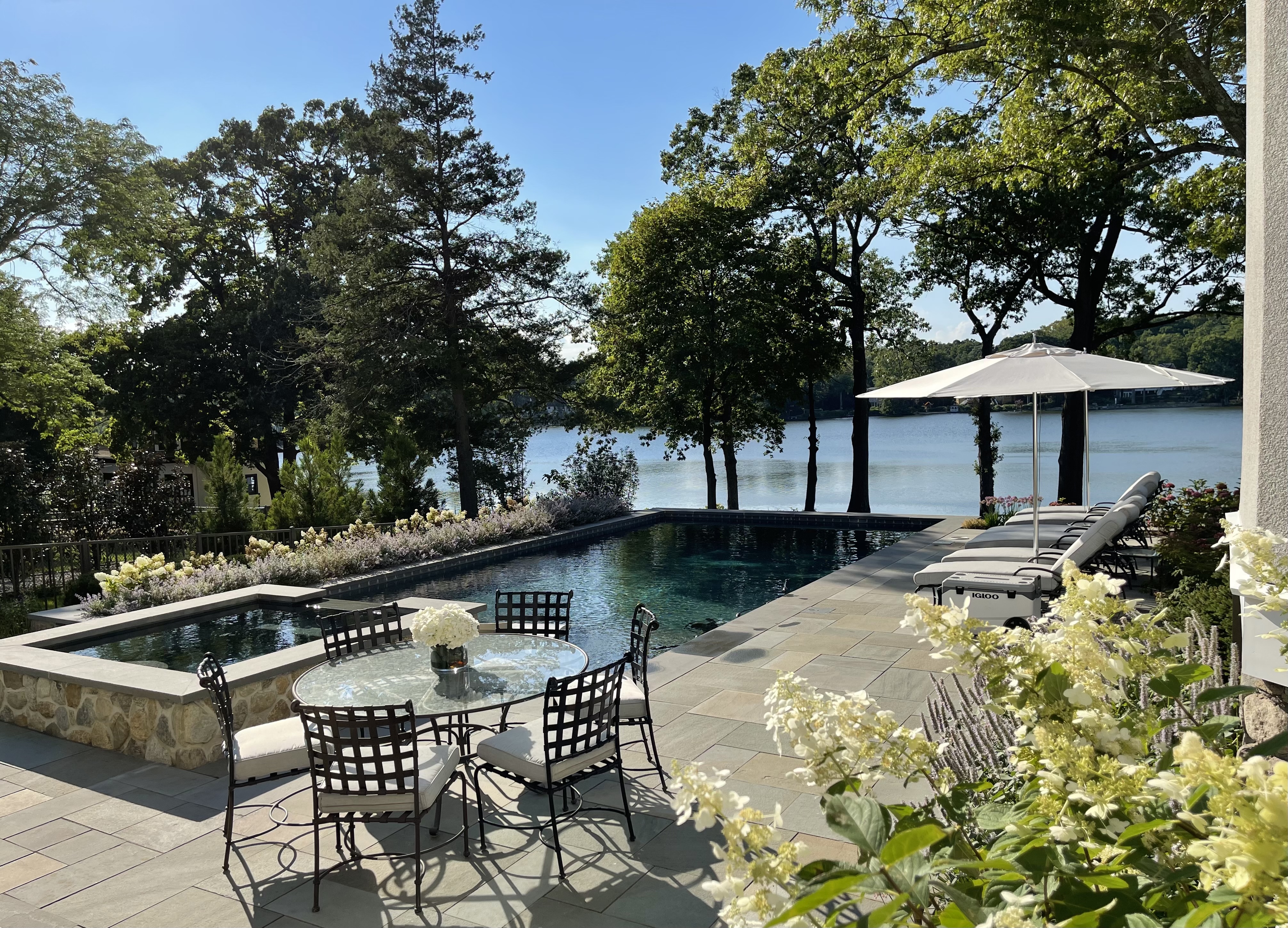 Lakeside rectangle pool with cabana
