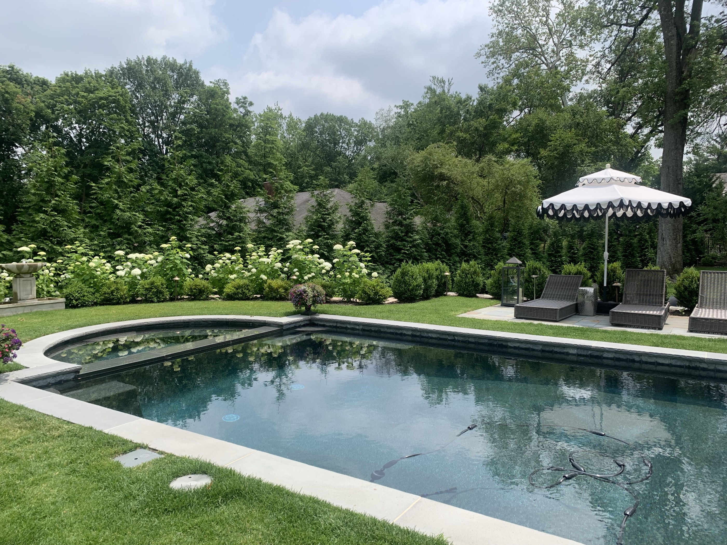 Roman-end geometric pool with hydrangeas