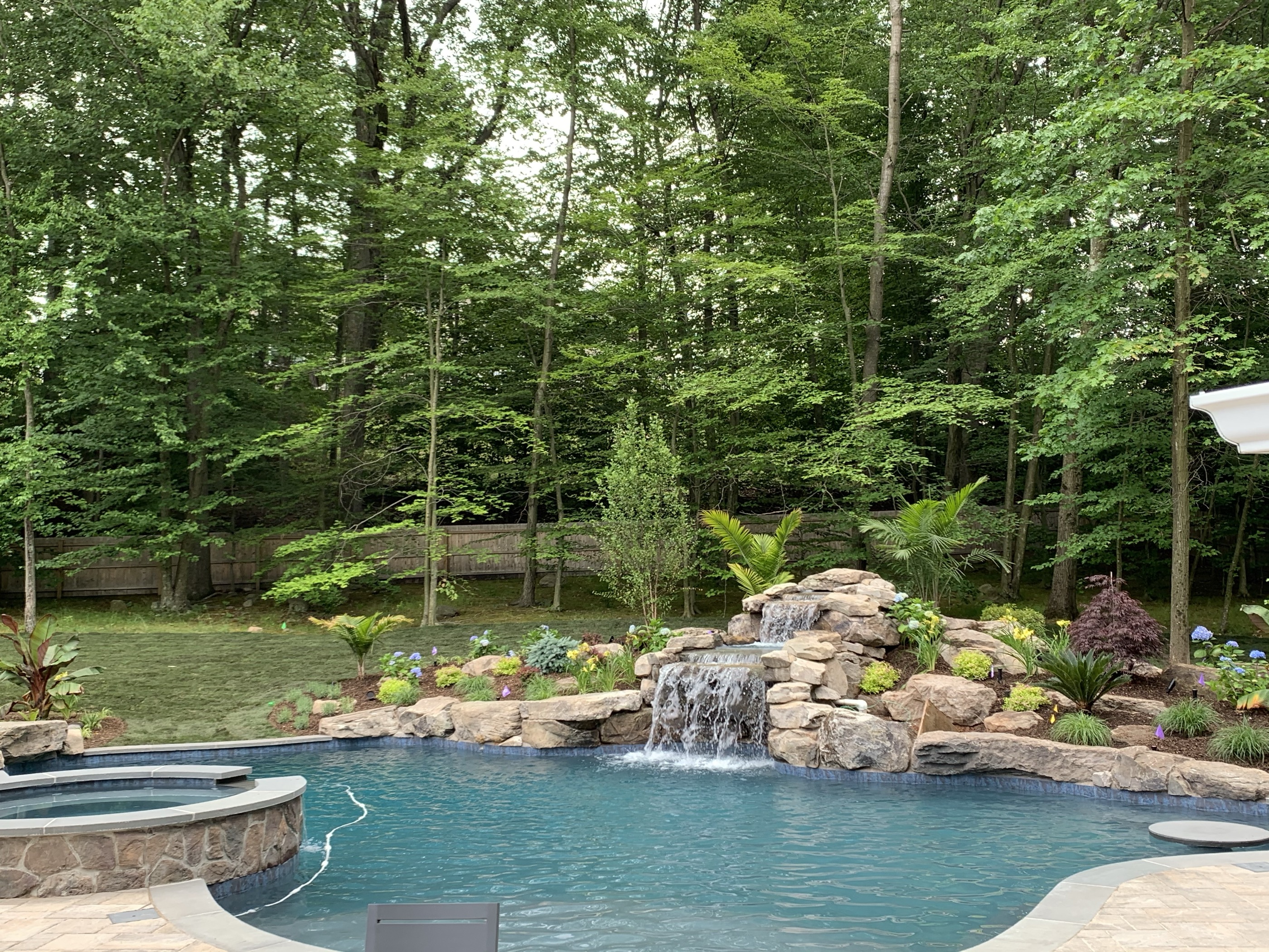 Freeform pool with rock waterfall in wooded setting